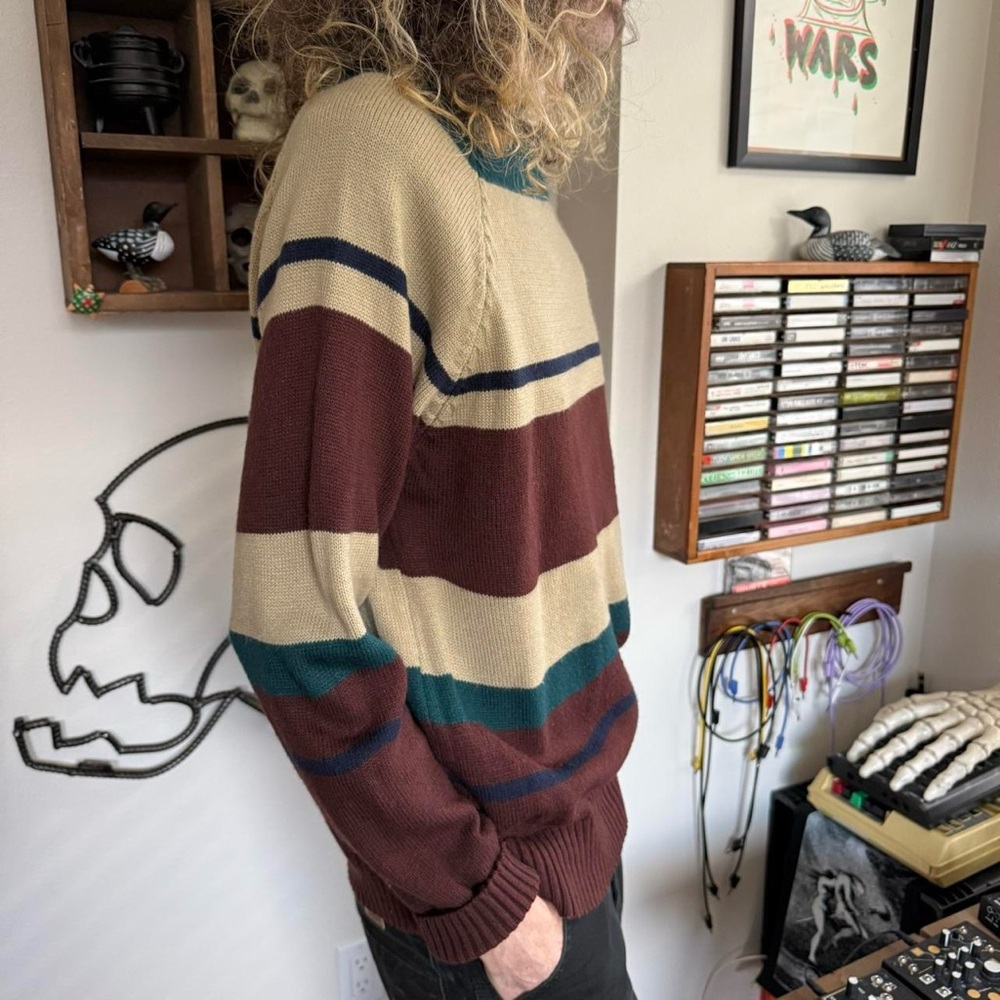 Vintage 90s Wrangler Earthy Striped Crewneck Knit Sweater ~ Size Large - Picture 2 of 7